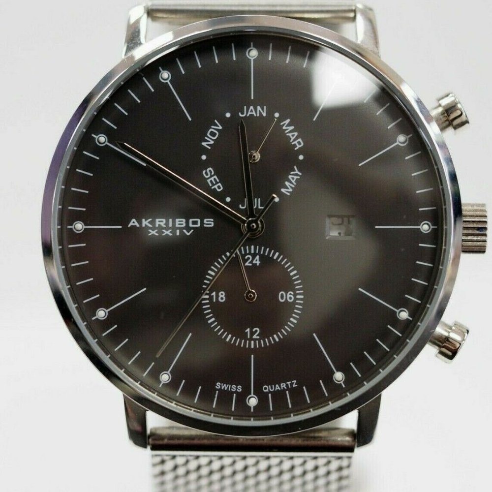 Akribos XXIV Men's Watch 2 Subdials Month, GMT Date Window Stainless Steel.